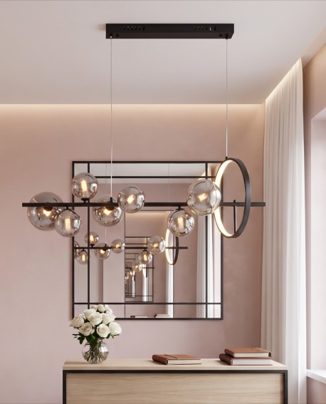 Nowoczesna lampa wisząca MERIDO do salonu z dymionymi kulami z czarnymi detalami