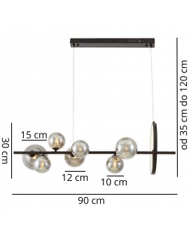 Rysunek techniczny podłużnej lampy wiszącej MERIDO W7 z wymiarami