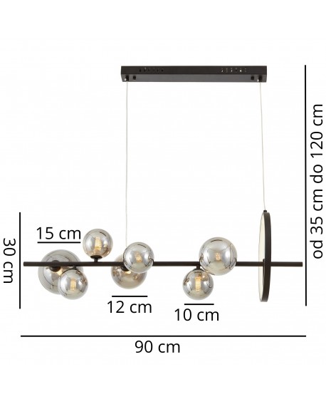 Rysunek techniczny podłużnej lampy wiszącej MERIDO W7 z wymiarami