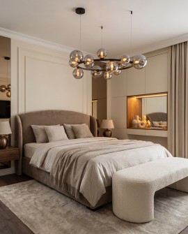 Oświetlenie wiszące MERIDO W15 Lumina Deco z piętnastoma kloszami w aranżacji z łóżkiem