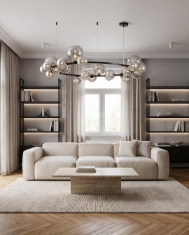 Czarno-dymiona lampa sufitowa MERIDO W24 w przestronnym salonie z drewnianą podłogą