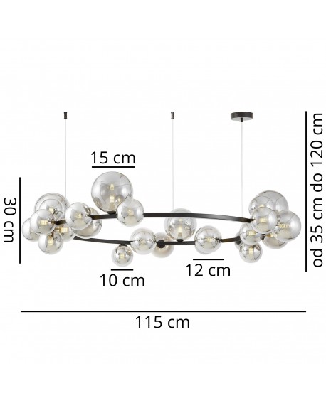 Wymiary lampy wiszącej MERIDO W24 z kulistymi kloszami z dymionego szkła