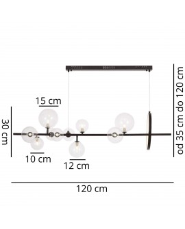 Rysunek techniczny lampy wiszącej MERIDO W9 z wymiarami kul oraz długością 120 cm