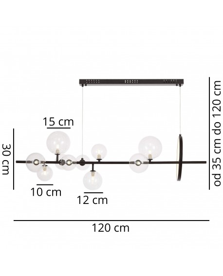 Rysunek techniczny lampy wiszącej MERIDO W9 z wymiarami kul oraz długością 120 cm