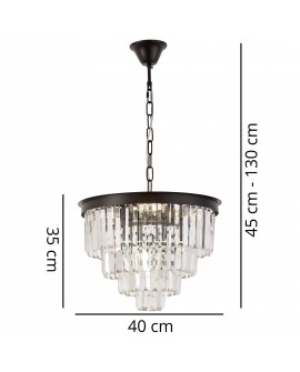 Lampa wisząca Capria w stylu glamour z czarną podsufitką podane z wymiarami wysokości i szerokości