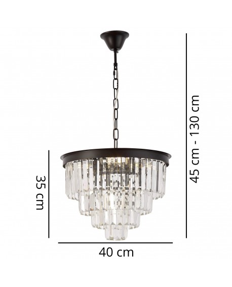 Lampa wisząca Capria w stylu glamour z czarną podsufitką podane z wymiarami wysokości i szerokości