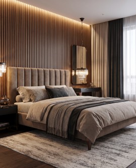 Nowoczesny czarny żyrandol kryształowy CAPRIA D30 Lumina Deco w sypialni z tapicerowanym łóżkiem