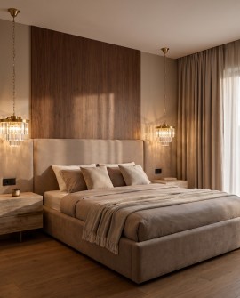Mosiężny żyrandol kryształowy CAPRIA D30 Lumina Deco zawieszony symetrycznie nad stolikami w sypialni