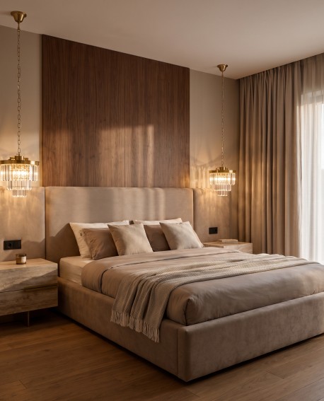 Mosiężny żyrandol kryształowy CAPRIA D30 Lumina Deco zawieszony symetrycznie nad stolikami w sypialni