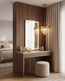 Żyrandol kryształowy CAPRIA D30 marki Lumina Deco nad toaletką w eleganckiej sypialni glamour