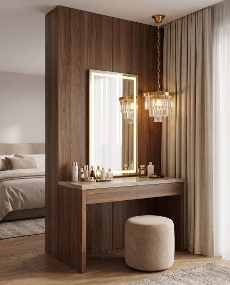 Żyrandol kryształowy CAPRIA D30 marki Lumina Deco nad toaletką w eleganckiej sypialni glamour