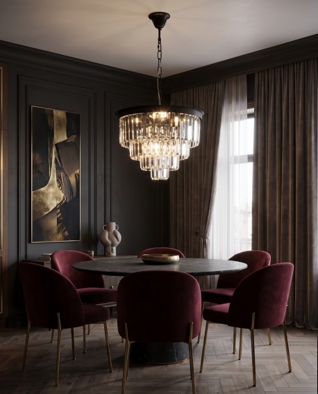 Kryształowy żyrandol CAPRIA D40 firmy Lumina Deco w centralnej części eleganckiej jadalni