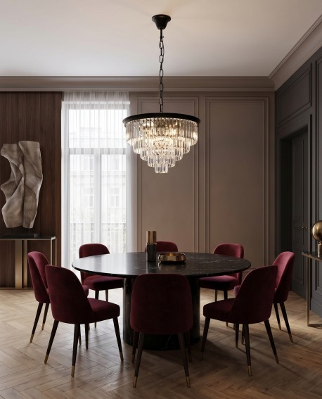 Żyrandol Lumina Deco Capria z kryształkami jako główne oświetlenie okrągłego stołu jadalnianego