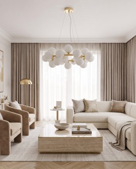 Lampa wisząca ze szklanymi kloszami do jasnego salonu z beżową sofą