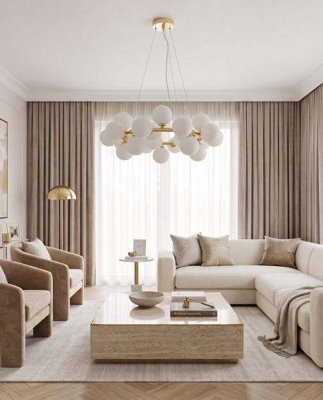 Lampa wisząca ze szklanymi kloszami do jasnego salonu z beżową sofą