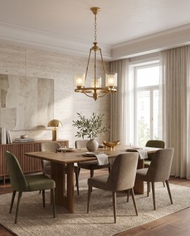 Mosiężna lampa Santini W4 Lumina Deco nad stołem w ciemnej jadalni, loftowe oświetlenie w stylu industrialnym