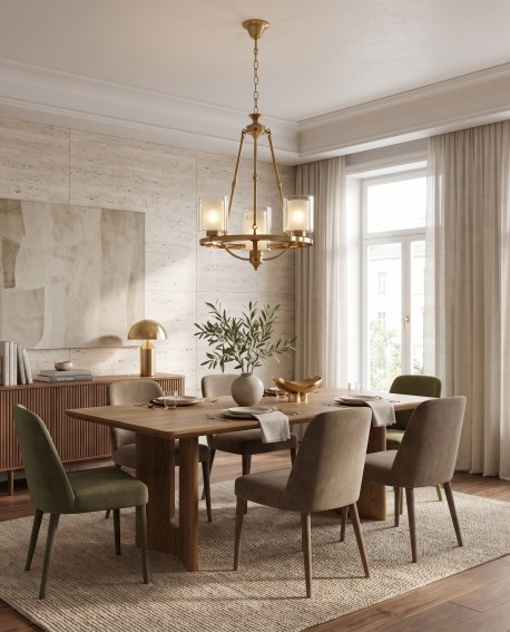 Mosiężna lampa Santini W4 Lumina Deco nad stołem w ciemnej jadalni, loftowe oświetlenie w stylu industrialnym