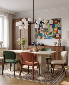 Nowoczesna lampa wisząca Lumina Deco Petrica W16 nad stołem w jadalni z kolorowymi krzesłami