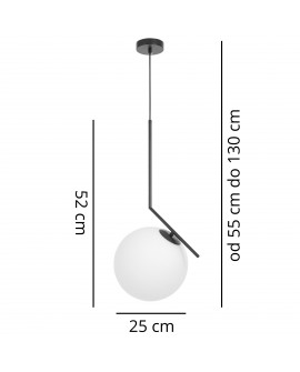 Lampa wisząca SORENTO Lumina Deco z czarną metalową konstrukcją i białym szklanym kloszem zdjęcie z wymiarami