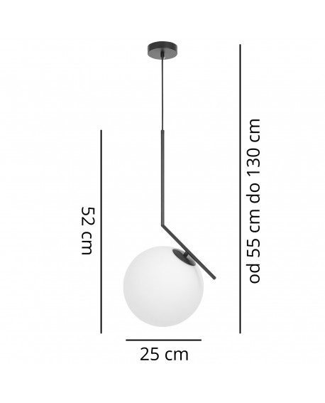 Lampa wisząca SORENTO Lumina Deco z czarną metalową konstrukcją i białym szklanym kloszem zdjęcie z wymiarami