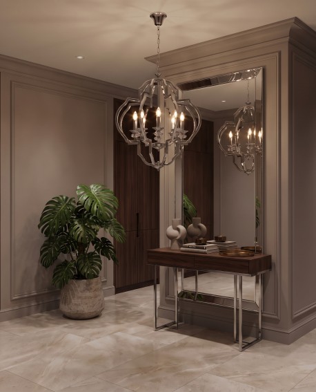 Ośmiopunktowa lampa wisząca w stylu glamour zawieszona w holu z dużym lustrem