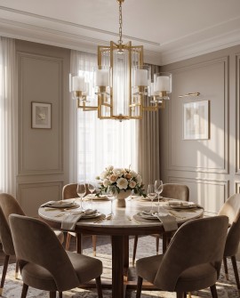Złota lampa wisząca MANHATTAN W8 Lumina Deco nad okrągłym stołem w eleganckiej jadalni