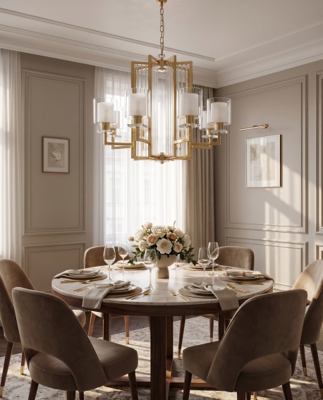 Złota lampa wisząca MANHATTAN W8 Lumina Deco nad okrągłym stołem w eleganckiej jadalni