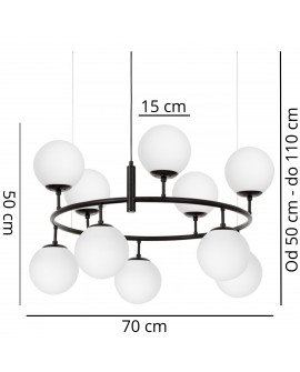 Nowoczesna lampa wisząca CEREDO NEO W10 marki Lumina Deco z dziesięcioma mlecznymi kulami wymiary lampy