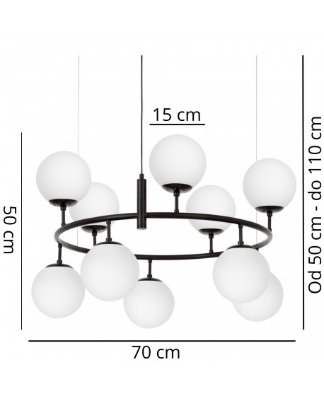 Nowoczesna lampa wisząca CEREDO NEO W10 marki Lumina Deco z dziesięcioma mlecznymi kulami wymiary lampy