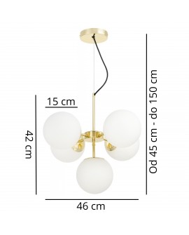 Nowoczesna lampa wisząca Lumina Deco STELVIO W5 z kulistymi białymi kloszami wymiary lampy