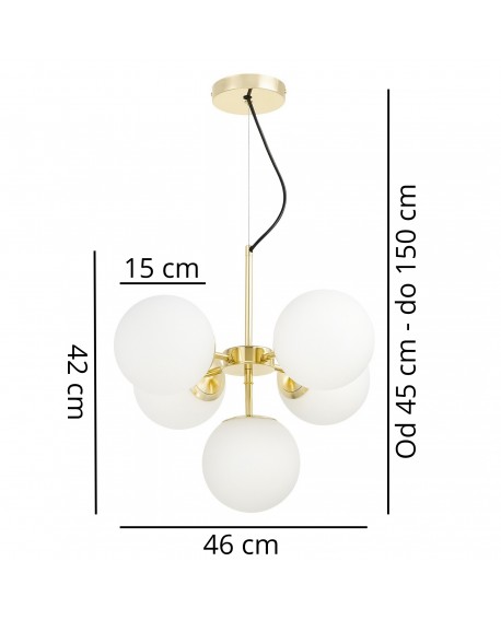 Nowoczesna lampa wisząca Lumina Deco STELVIO W5 z kulistymi białymi kloszami wymiary lampy