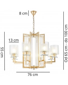 Nowoczesna lampa wisząca Manhattan W8 złota z ośmioma białymi kloszami zdjęcie z wymiarami