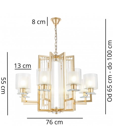 Nowoczesna lampa wisząca Manhattan W8 złota z ośmioma białymi kloszami zdjęcie z wymiarami