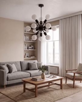 Lampa sufitowa Nova W12 z białymi kloszami mlecznymi świetnie pasuje do jasnego salonu