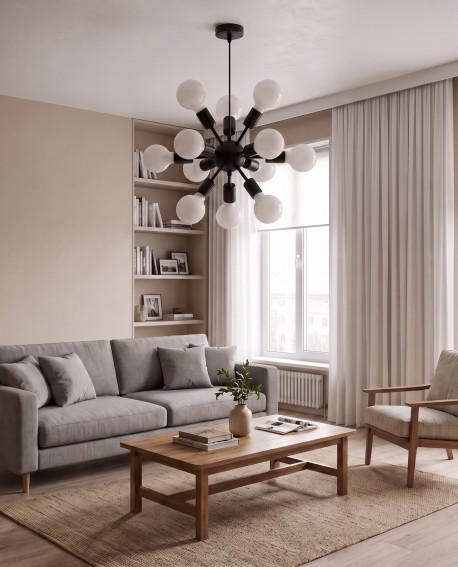 Lampa sufitowa Nova W12 z białymi kloszami mlecznymi świetnie pasuje do jasnego salonu