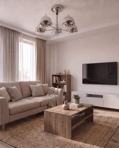 Pięcioramienna lampa VERONI W5 od Lumina Deco nad strefą wypoczynkową w salonie