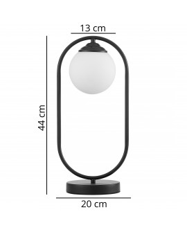 Wymiary lampy biurkowej VERO W1 o czarnej konstrukcji z białym kulistym kloszem