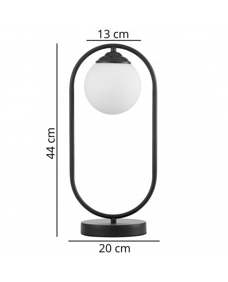 Wymiary lampy biurkowej VERO W1 o czarnej konstrukcji z białym kulistym kloszem