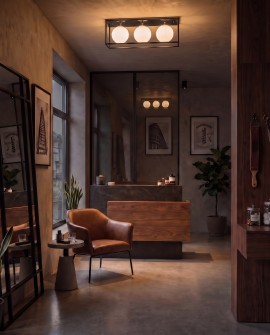 Chromowana lampa z czarną ramą i trzema kloszami w jasnym loftowym wnętrzu