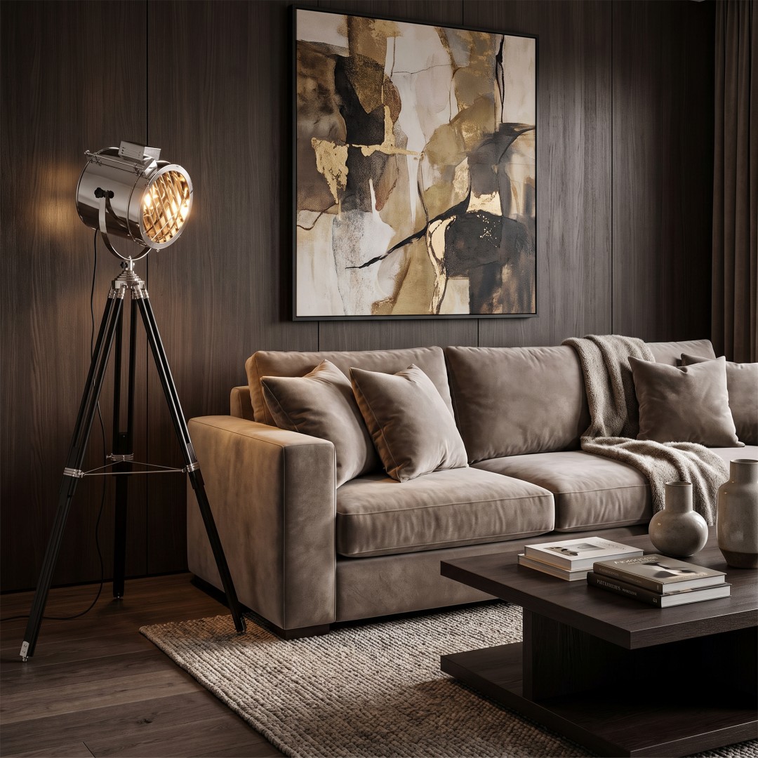 Chromowana lampa podłogowa FUTURIS Lumina Deco przy sofie w nowoczesnym salonie
