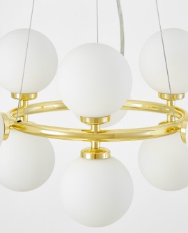 Lampa z dziewięcioma punktami światła rozmieszczonymi na boki na złotej konstrukcji
