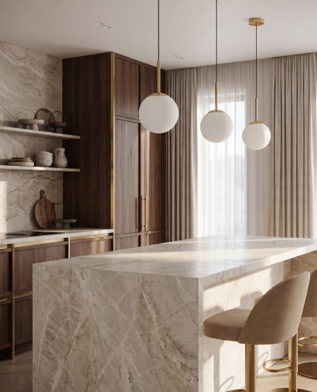 Trzy nowoczesne lampy wiszące nad wyspą kuchenną w eleganckiej kuchni