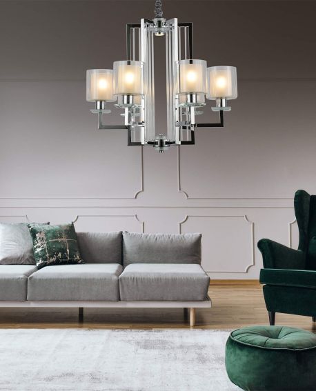 lampa wisząca chromowana w aranżacji salonu z jasnymi kloszami szkło nowoczesne oświetlenie sufitowe Lumina Deco model Manhattan
