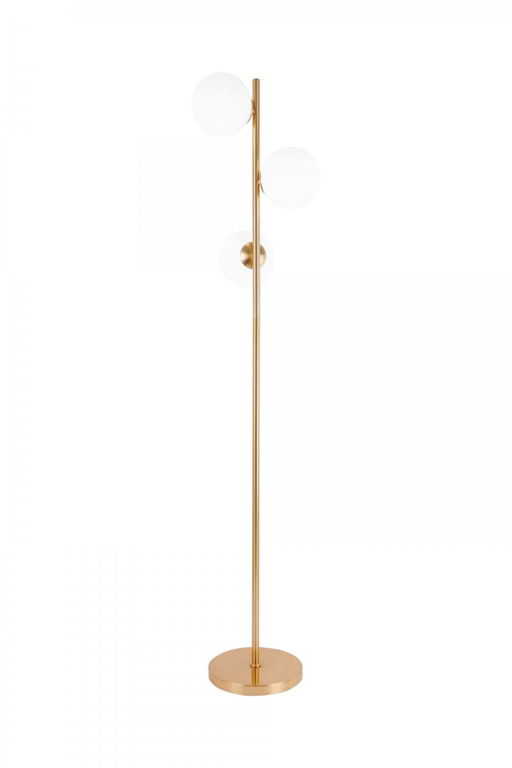 Złota lampa stojąca z trzema białymi kulistymi kloszami model Fredica W3