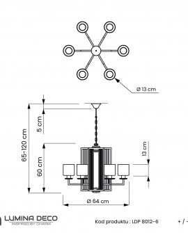 schemat wymiarów lampy wiszącej do jadalni chrom szkło regulowane zawieszenie 65 120 cm marka Lumina Deco kolekcja Manhattan