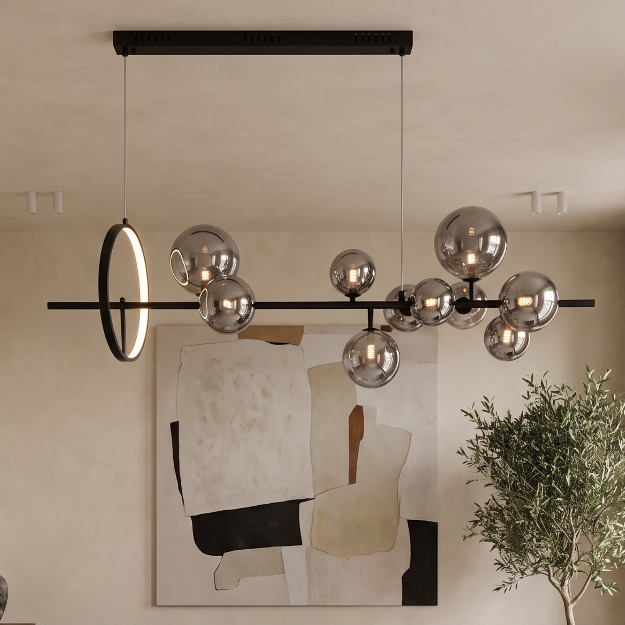 NOWOCZESNA LAMPA WISZĄCA CZARNO-DYMIONA MERIDO W9 w aranżacji